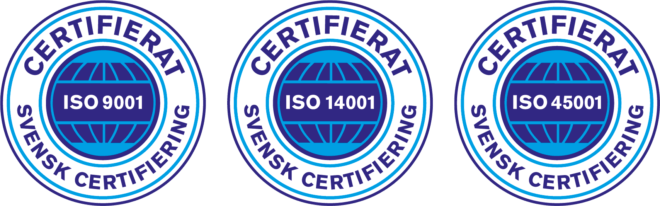 Tre stycken ikoner för ISO-certificat: ISO 9001, ISO 14001, ISO 45001